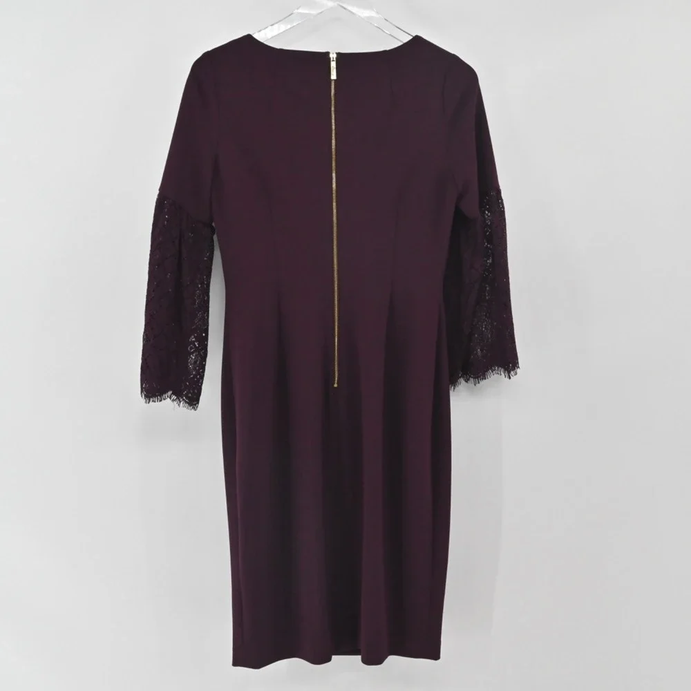 Calvin Klein Burgundy Sheath Dress Size 4 Lace Bell Sleeve Sheath Moody Romantic - Picture 3 of 14